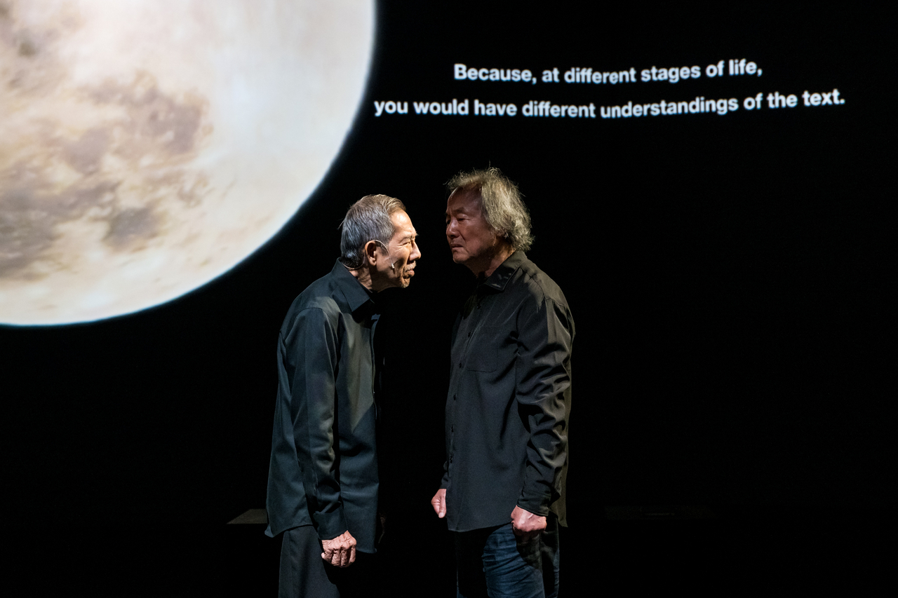 Korean actor Jung Dong-hwan (right) and Singaporean actor Yong Ser Pin perform in "Last Rites" by Liu Xiaoyi at SOTA Studio Theater during SIFA 2026 in Singapore. (Arts House Group)