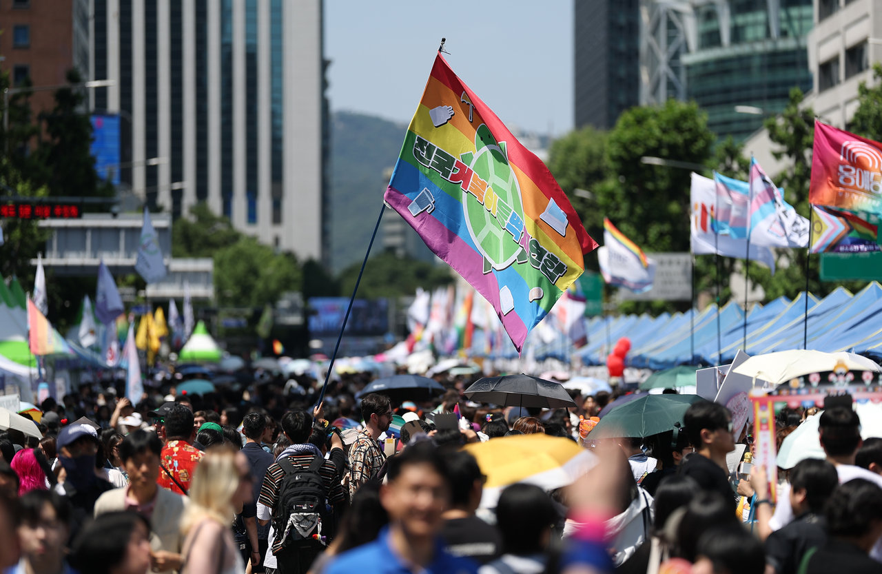 Participants gather near Euljiro 1-ga Station in central Seoul during this year's Seoul Queer ‌Culture Festival on Saturday. (Yonhap)