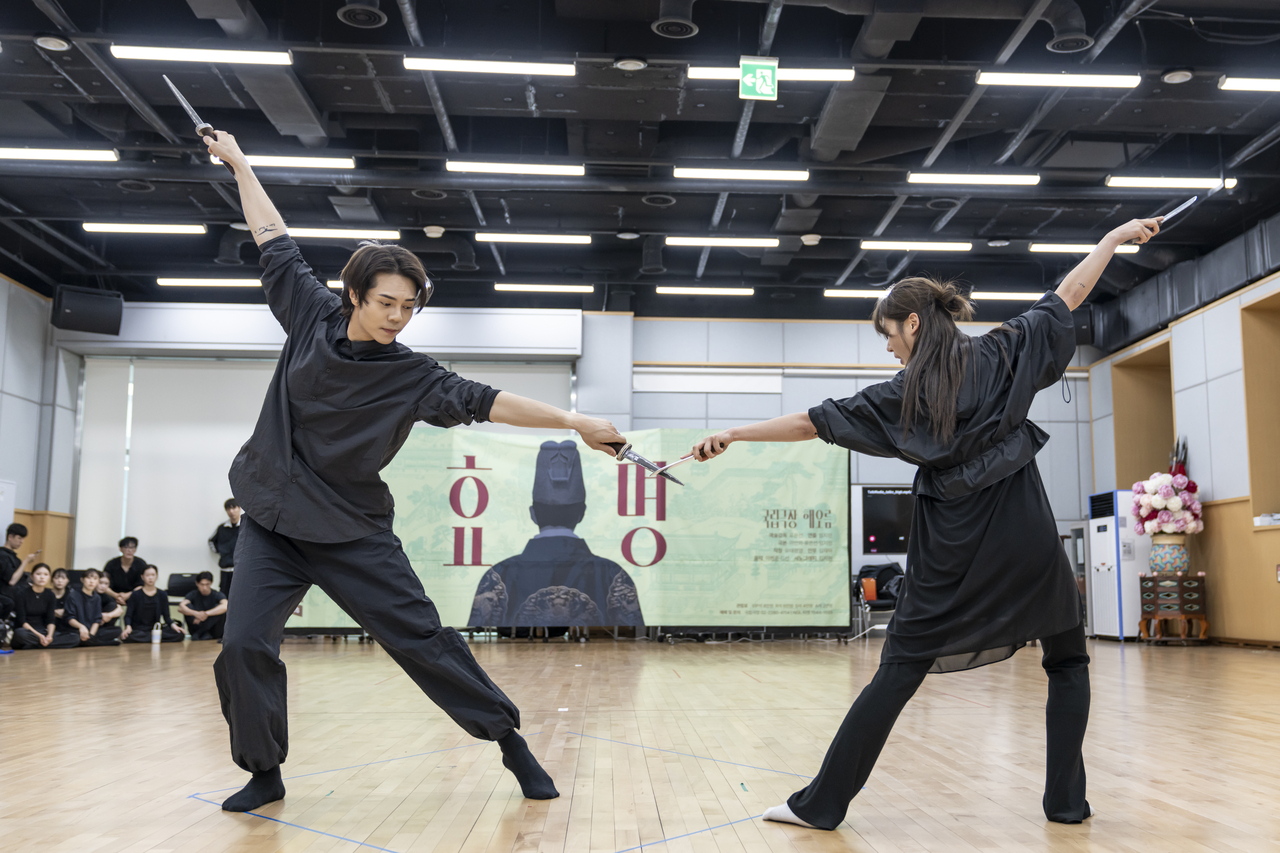 Members of the National Changgeuk Company of Korea rehearse a scene from "Hyomyeong: The Prince of Art" at a studio at the National Theater of Korea in Seoul. (National Changgeuk Company of Korea)