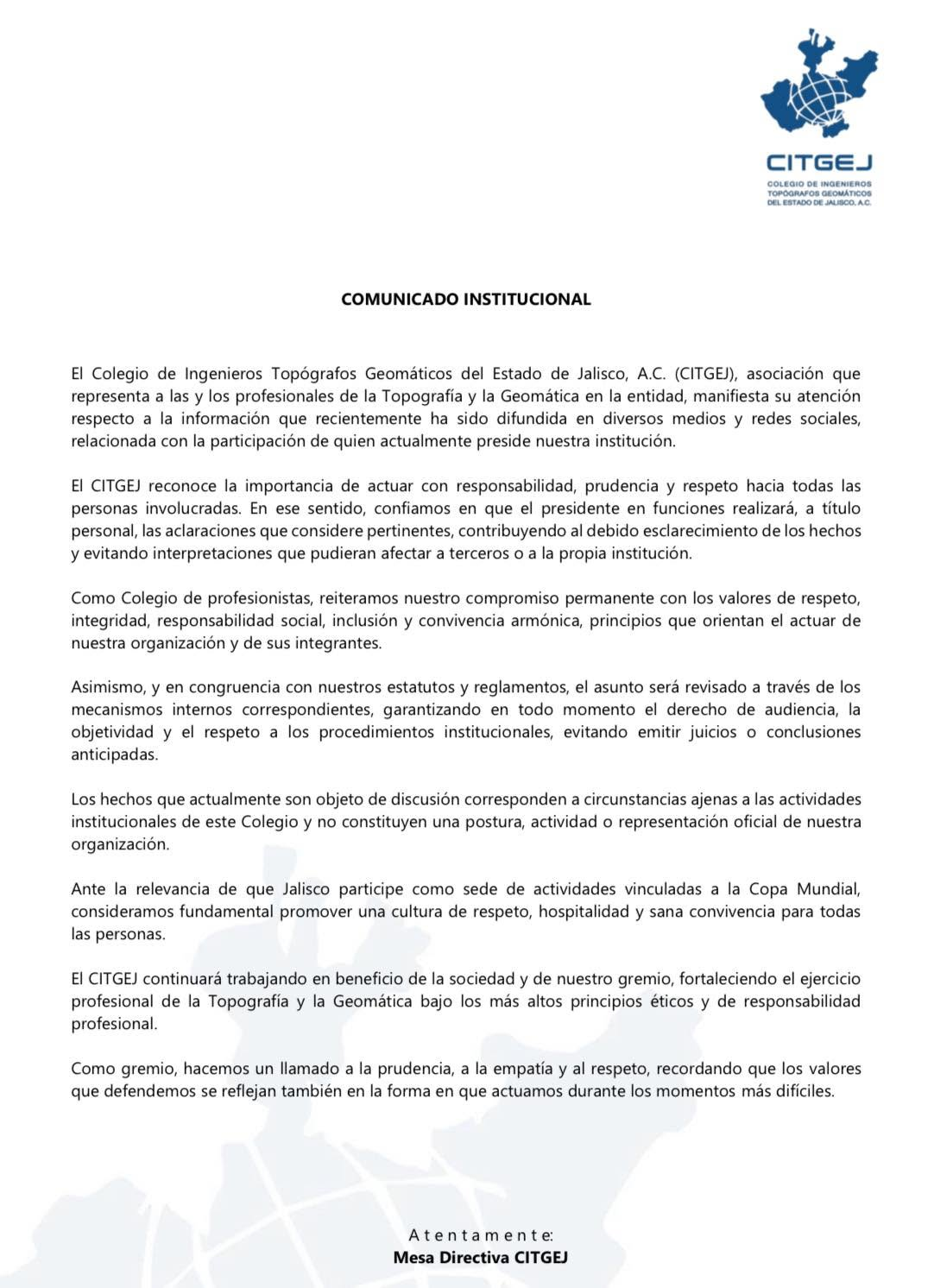 A statement by the College of Geomatics Surveying Engineers of the State of Jalisco issued on Saturday. (CITGEJ)