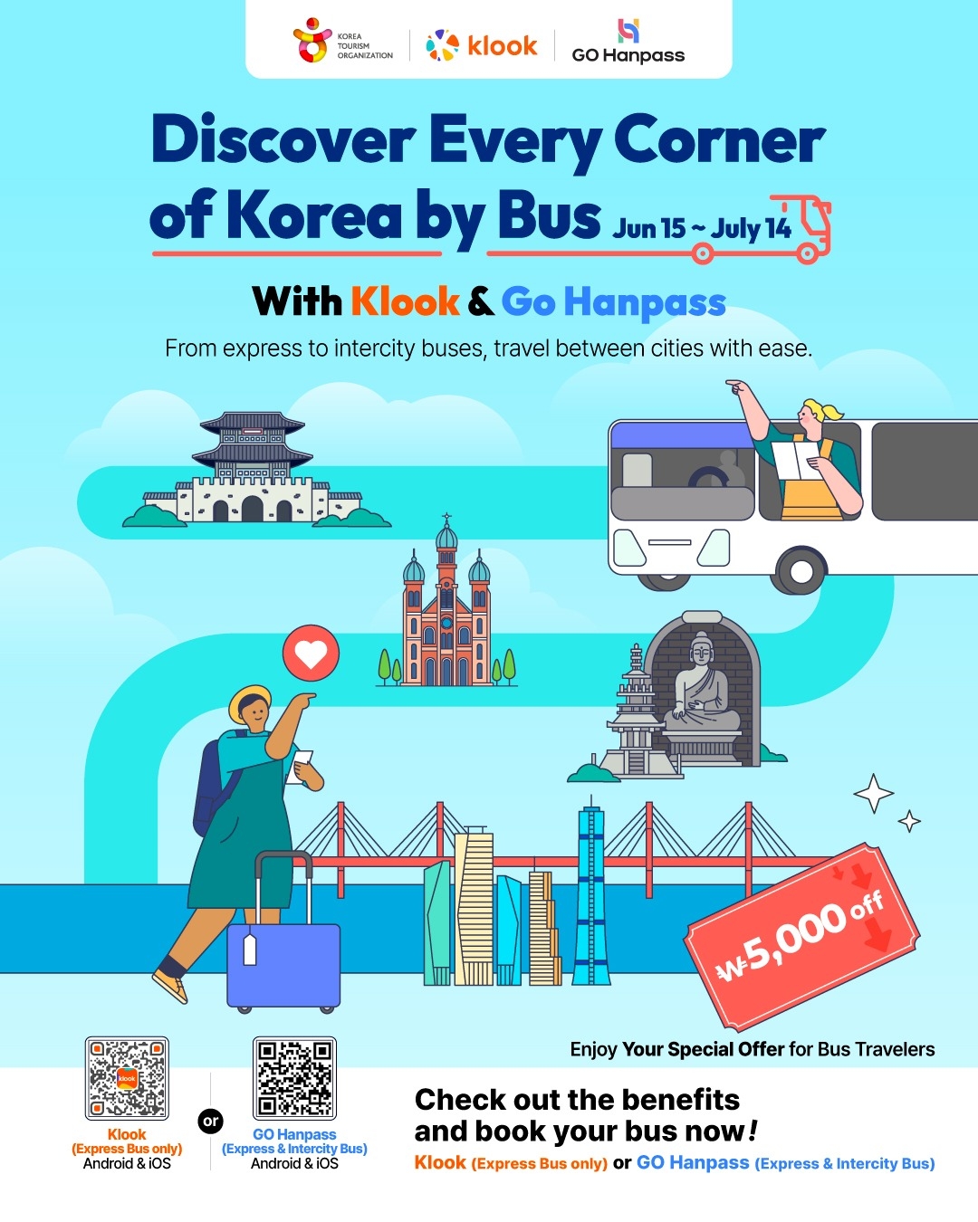 This image provided by the Korea Tourism Organization promotes its discount program for foreign tourists using express and intercity buses. (Yonhap)