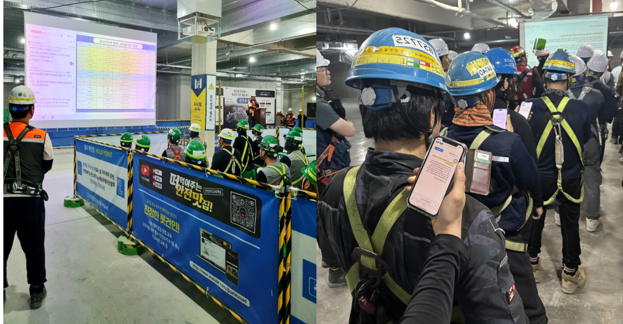 Workers at Lotte E&C (left) and Daewoo E&C construction sites in Seoul attend daily morning briefings assisted by AI-powered translation tools that provide real-time multilingual safety instructions. (Kan Hyeong-woo/The Korea Herald)