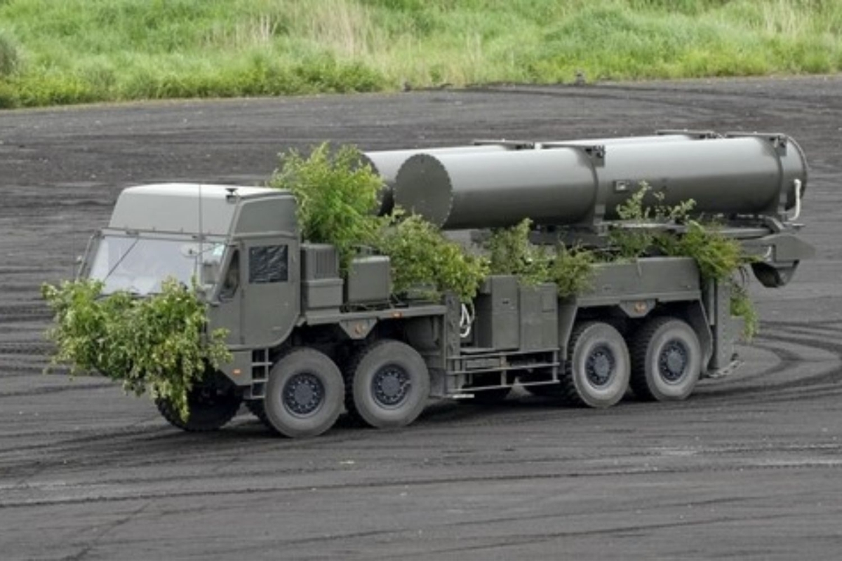 The Type 25 high-speed glide projectile is displayed during Japan’s Ground Self-Defense Force’s Fuji Firepower Review in Shizuoka prefecture, Japan, June 7. (Kyodo via Yonhap)