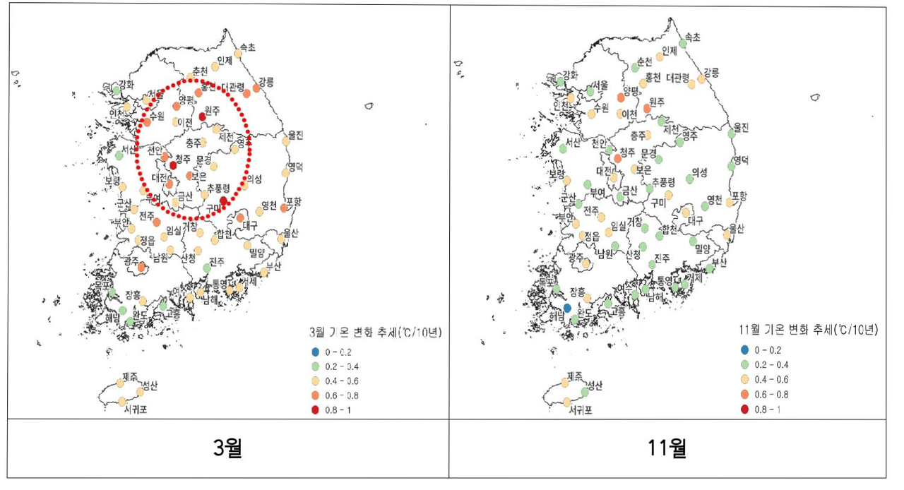 3월과 11월 평균기온 변화 추세(1973∼2025년) 분포도 [기상청 제공]