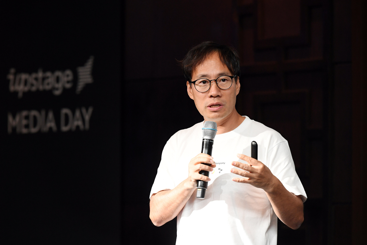 Upstage CEO Kim Sung-hoon speaks at the company's media day in Seoul on Tuesday. (Upstage)