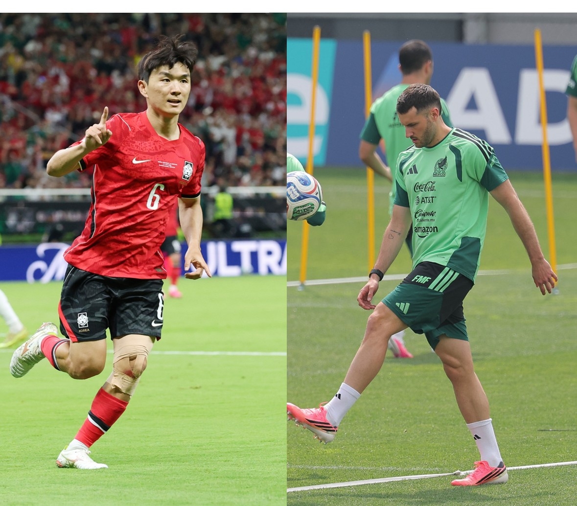 South Korea midfielder Hwang In-beom (left) and Mexico striker Santiago Gimenez (Yonhap)