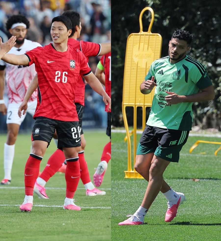South Korea winger Hwang Hee-chan (left) and Mexico striker Raul Jimenez (Yonhap)