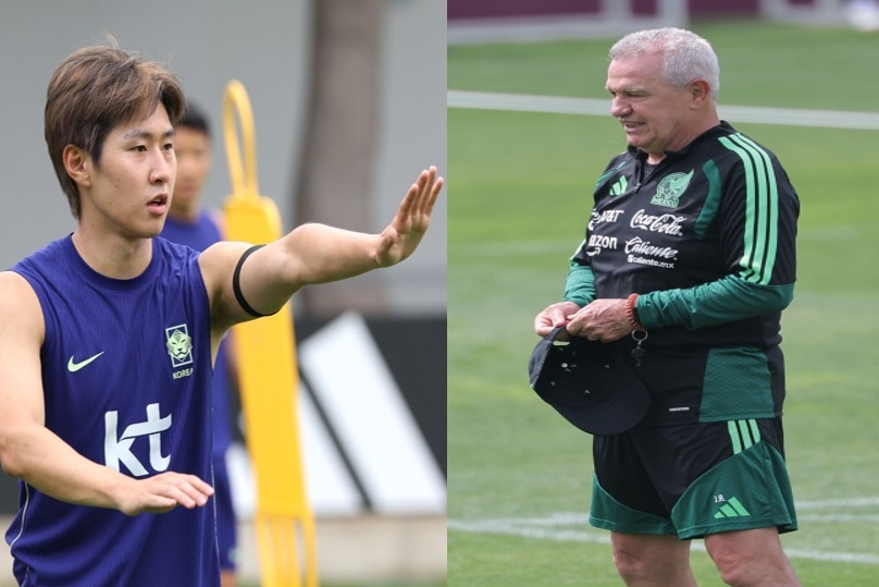 South Korea midfielder Lee Kang-in (left) and Mexico head coach Javier Aguirre (Yonhap)