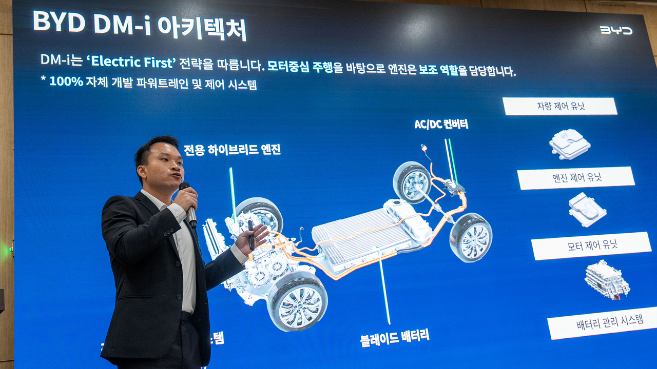 Kelvin Lai, vice president of product strategy at BYD's Asia-Pacific passenger vehicle division, explains DM-i technology during a briefing held in Seoul on Wednesday. (BYD Korea)