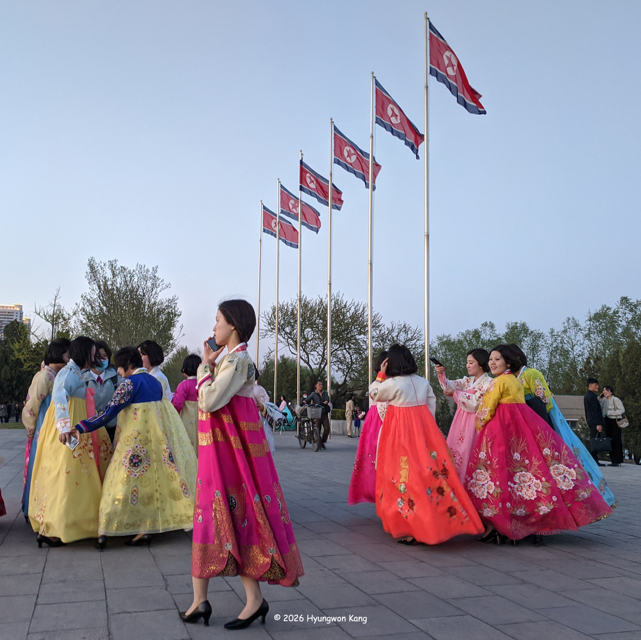 College students arrive to participate in the 114th birthday celebration of Kim Il Sung, the founding father of North Korea, on their national holiday on April 15, 2026. (Hyungwon Kang)