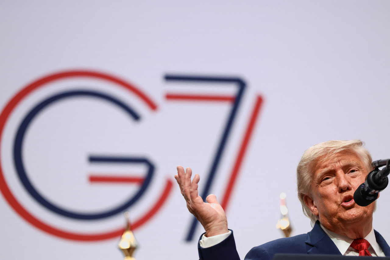 US President Donald Trump holds a press conference during the G7 Summit in Evian-les-Bains, France, Wednesday. (Reuters-Yonhap)