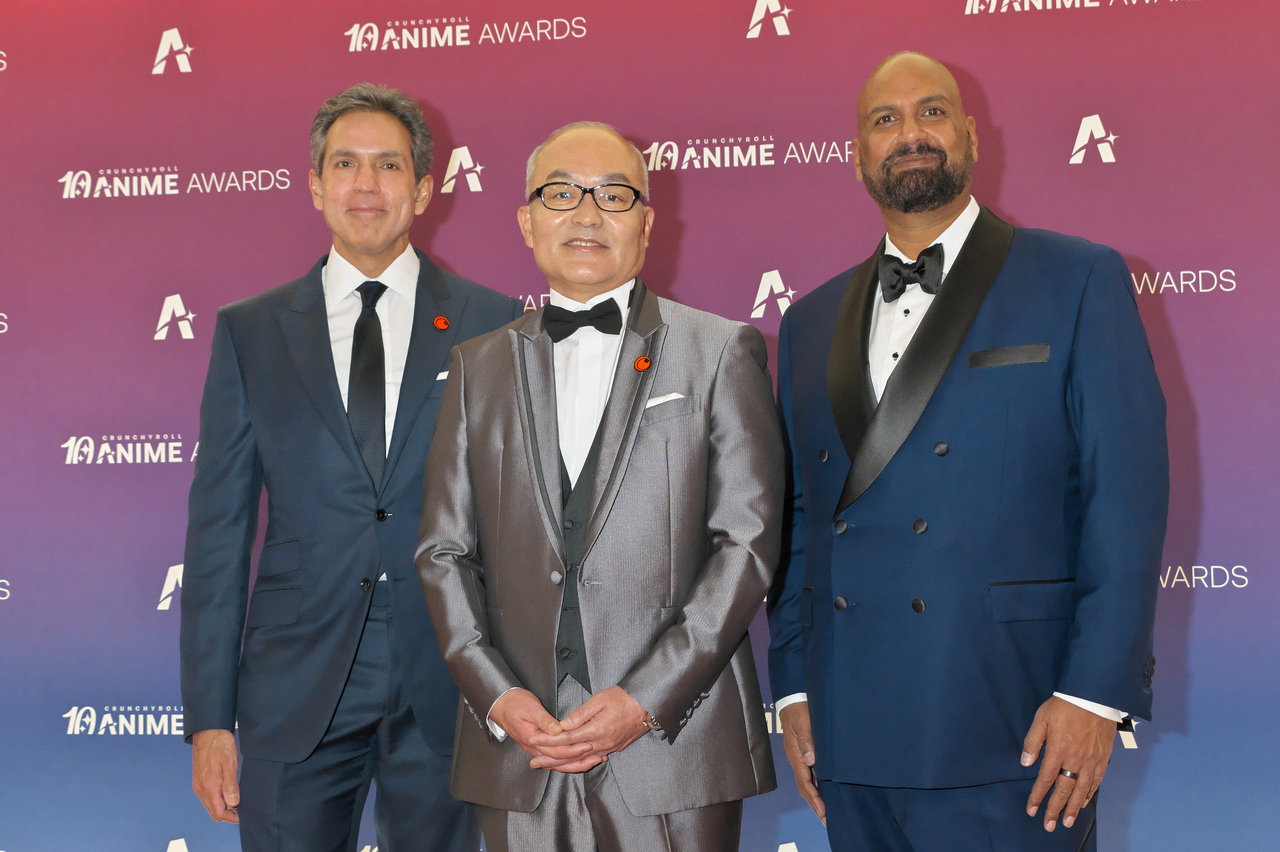 From left: Chairman & CEO of Sony Pictures Entertainment Ravi Ahuja, President and CEO of Sony Group Hiroki Totoki and Crunchyroll CEO Rahul Purini Rahul Purini attend an orange carpet event for the Crunchyroll Anime Awards in Tokyo on May 23. (UPI)