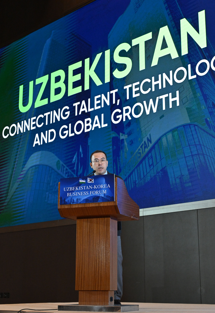 Nodirbek Berdiqobilov, head of the Uzbekistan IT Park Korea Office speaks at the Korea-Uzbekistan Business Forum in Tashkent, Uzbekistan, Tuesday. (Im Se-jun/The Korea Herald)