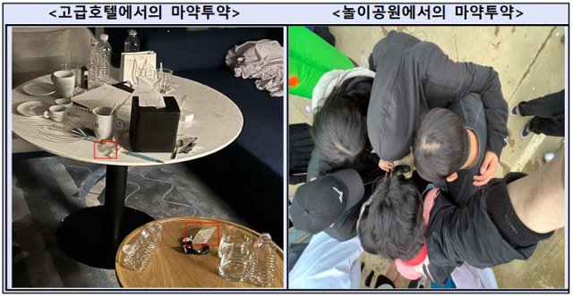 Photos used as evidence show students using illegal drugs at a hotel and a theme park. (Seoul Southern District Prosecutors Office)