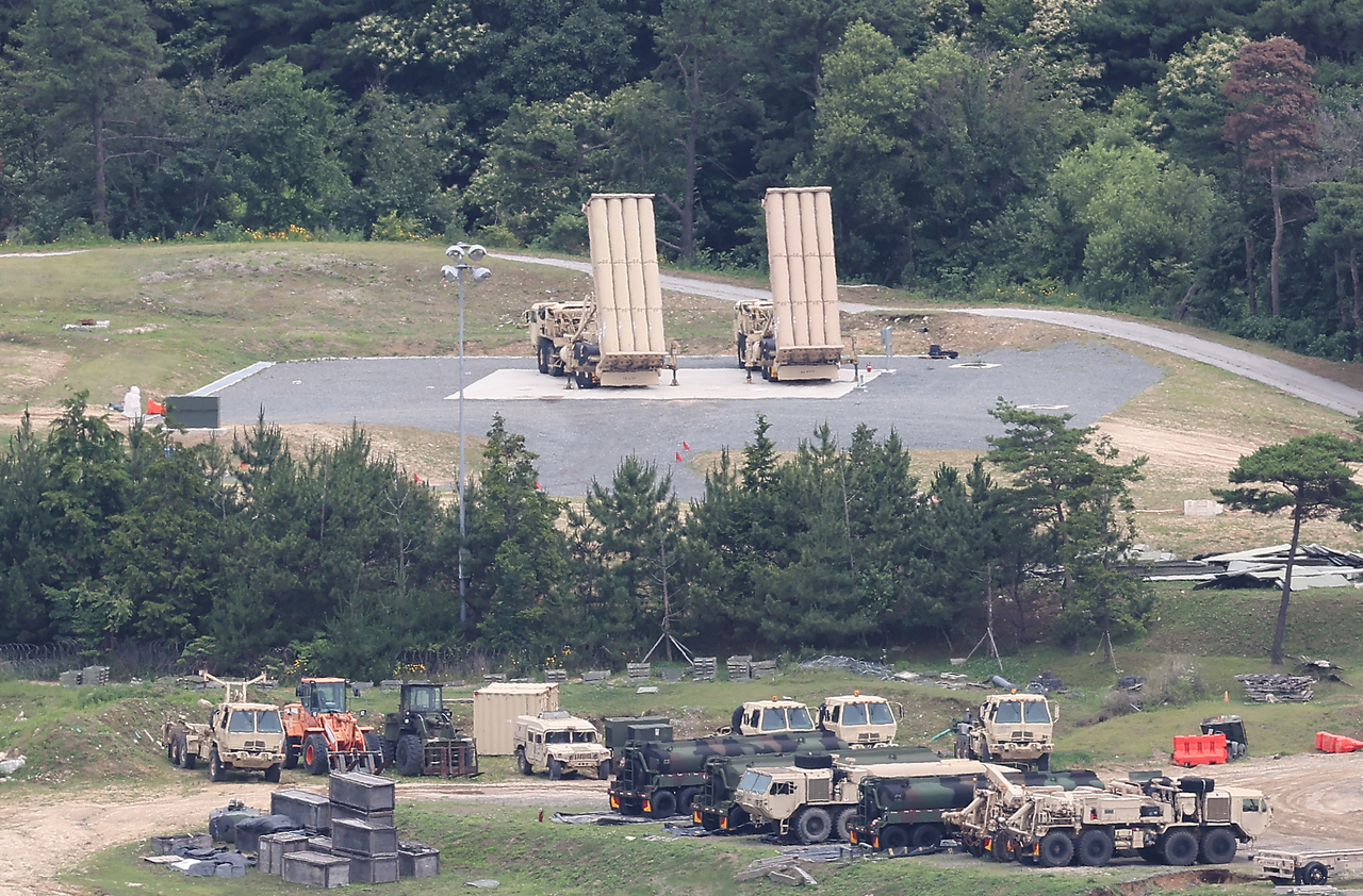 Truck-mounted THAAD launchers are seen at a military base in Seongju, North Gyeongsang Province, Sunday. (Yonhap)