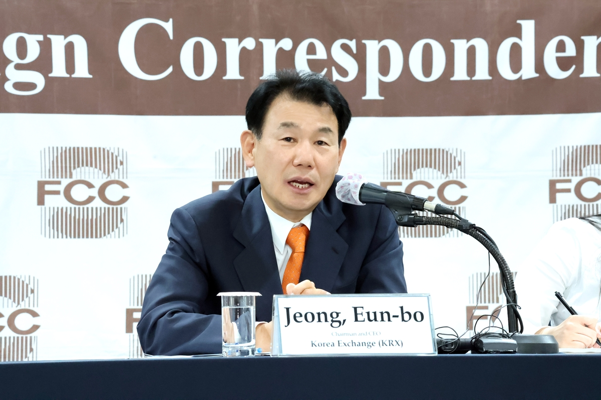Jeong Eun-bo, chairman of the Korea Exchange (KRX), speaks during a press conference with foreign media outlets in Seoul on June 22, 2026, in this photo provided by the KRX.  (Yonhap)