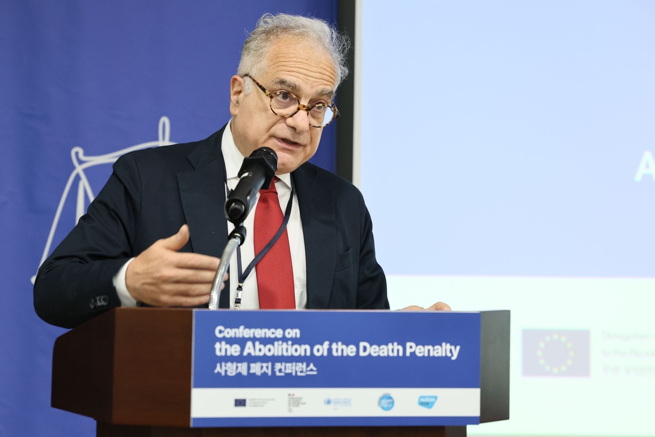 EU Ambassador to South Korea Ugo Astuto speaks at the Conference on the Abolition of the Death Penalty in Seoul on Monday. (EU Delegation to South Korea)