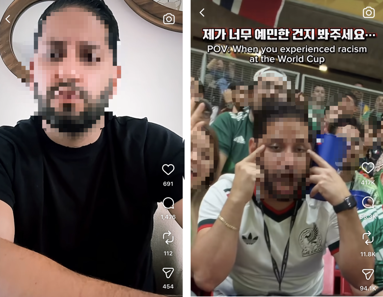 Left: An apology video posted to Ulises Fernando Bernal Miramontes' Instagram. (Screen capture from Bernal's Instagram) Right: Bernal is pictured making a slant eye gesture during South Korea's World Cup match against the Czech Republic in Guadalajara, Mexico, Thursday. (Screen capture from Instagram @inocat_t)