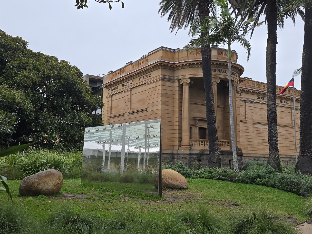 "Relatum" by Korean artist Lee Ufan, installed in the outdoor space between the Naala Nura and Naala Badu buildings at the Art Gallery of New South Wales