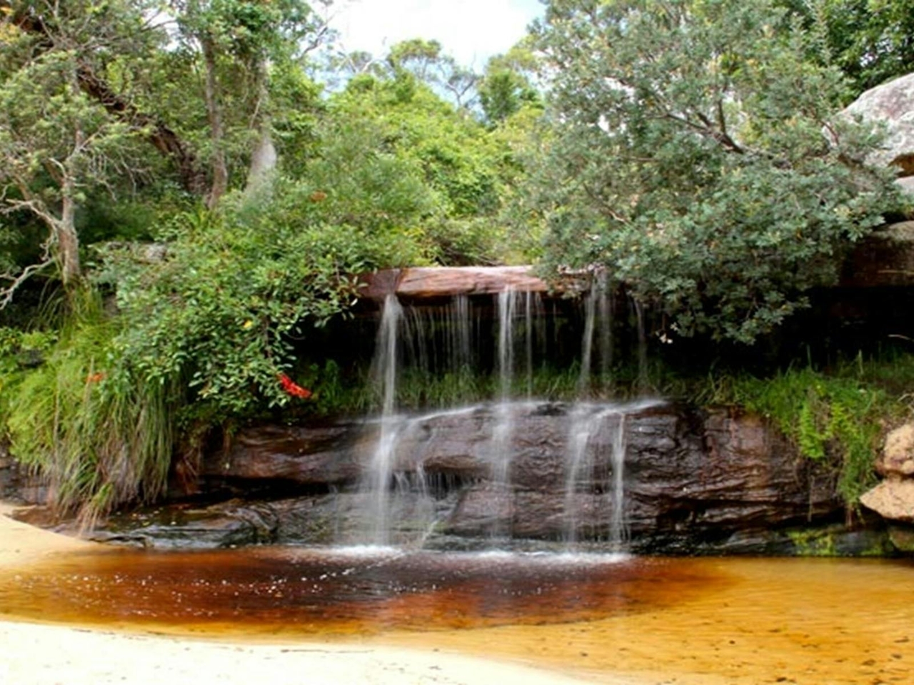 A small waterfall faces Collins Flat Beach in the harbor. The very shallow water between the sea and the falls makes it an excellent spot for reflection photography. (Courtesy of Destination NSW)