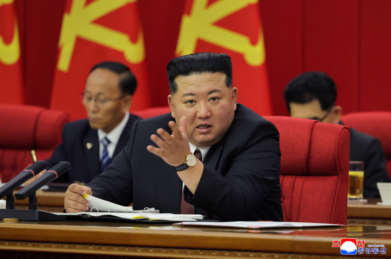 This file photo, carried by North Korea's official Korean Central News Agency on June 23, 2025, shows North Korean leader Kim Jong-un attending a party plenary meeting, which ran from June 20-22. (Yonhap)