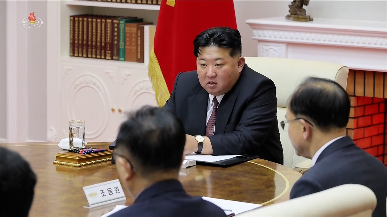 North Korean leader Kim Jong-un convened the third Political Bureau meeting of the Ninth Central Committee of the Workers' Party of Korea on Monday to review opinions raised during sectoral consultative meetings and a report by the budget review committee, and to finalize a draft resolution for the party plenary meeting, according to the Korean Central News Agency the following day. (Korean Central Television screen capture-Yonhap)