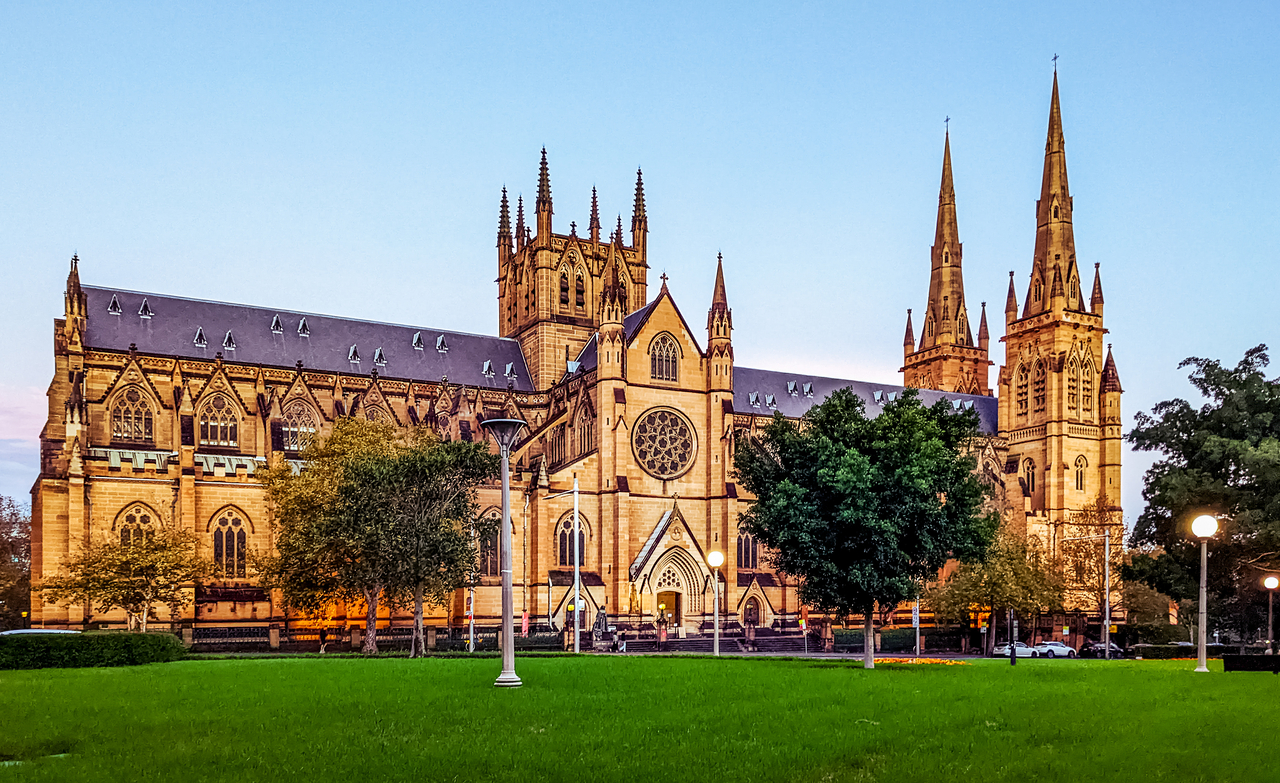 St. Mary's Cathedral — Australia's first cathedral — seen from Hyde Park near the NSW gallery