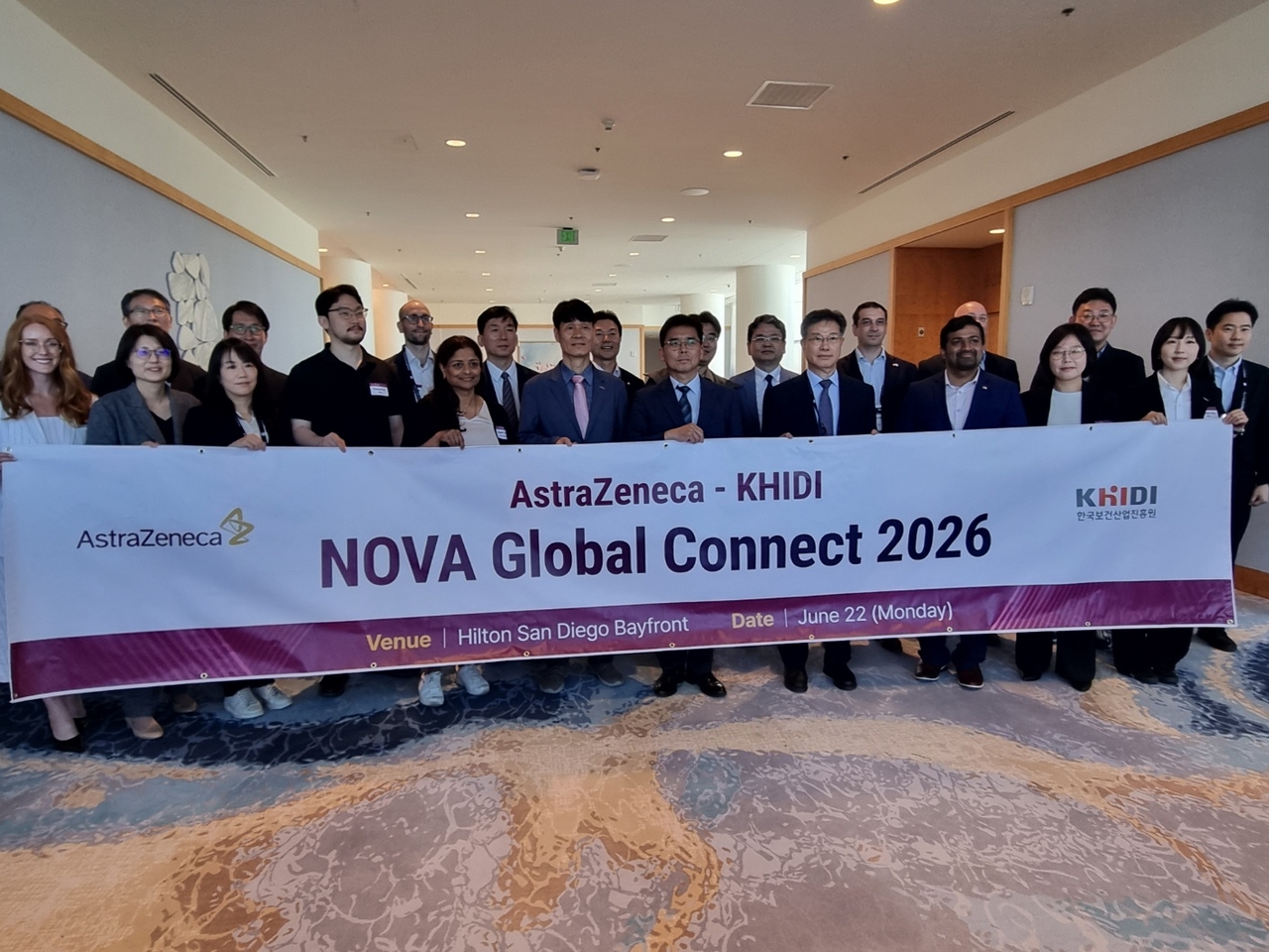 Officials from AstraZeneca, the Korea Health Industry Development Institute and Korean biotechnology firms pose for a photo at the Hilton San Diego Bayfront on Monday. (Kan Hyeong-woo/The Korea Herald)