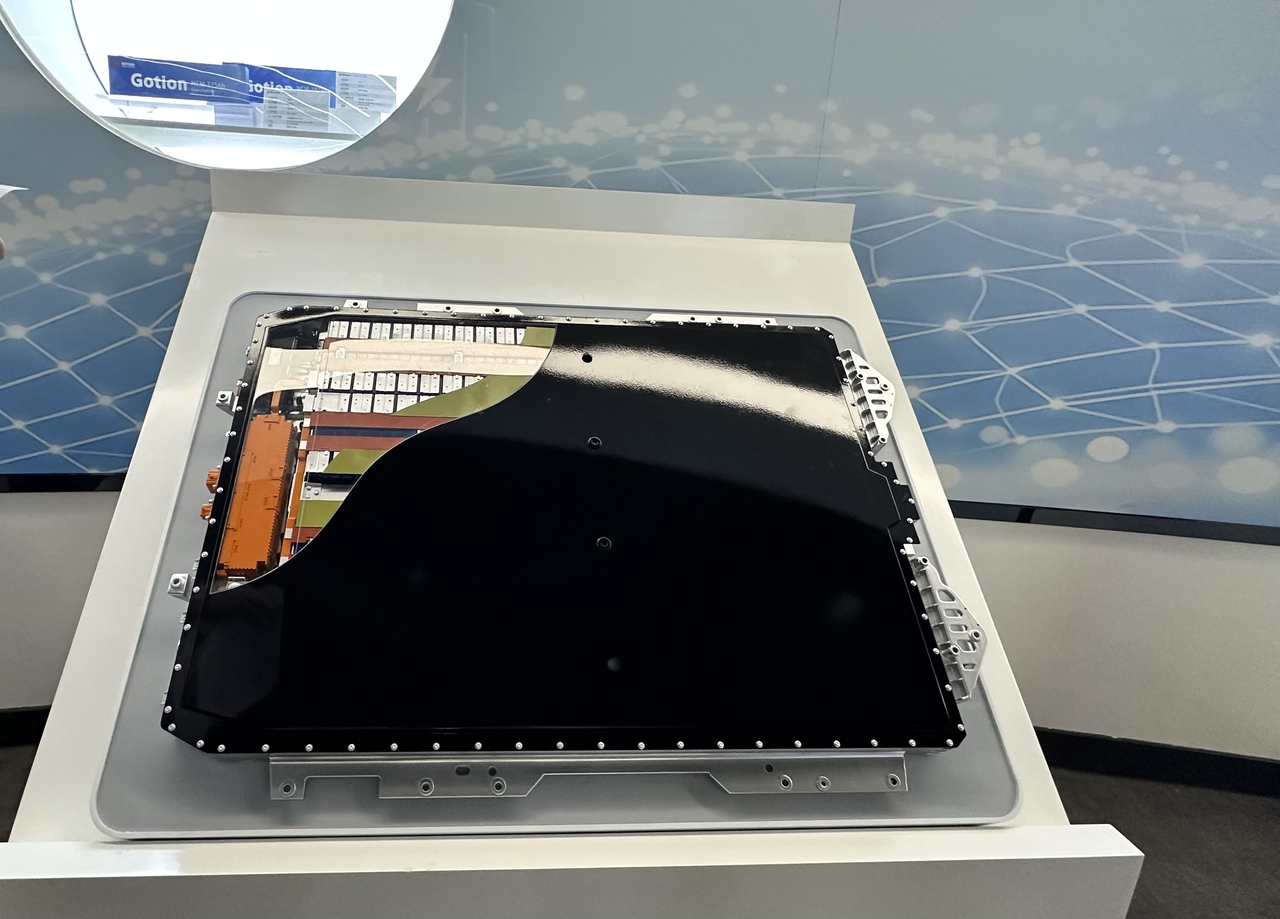 Gotion High-tech’s sulfide-based all-solid-state battery displayed at the company headquarters in Hefei, Anhui Province, on June 11. (Byun Hye-jin/The Korea Herald)