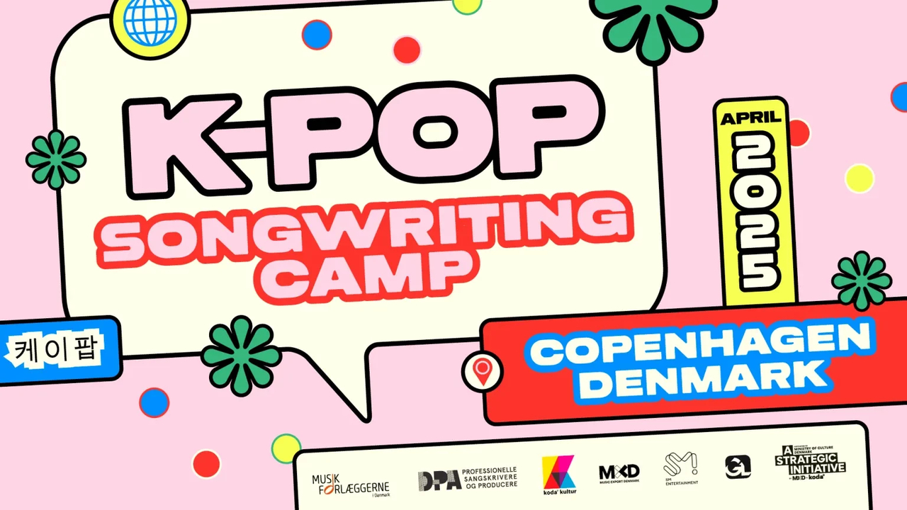 A poster advertises a K-pop songwriting camp held in Copenhagen in partnership with SM Entertainment, bringing together songwriters and producers to create music for leading K-pop artists. (DPA)