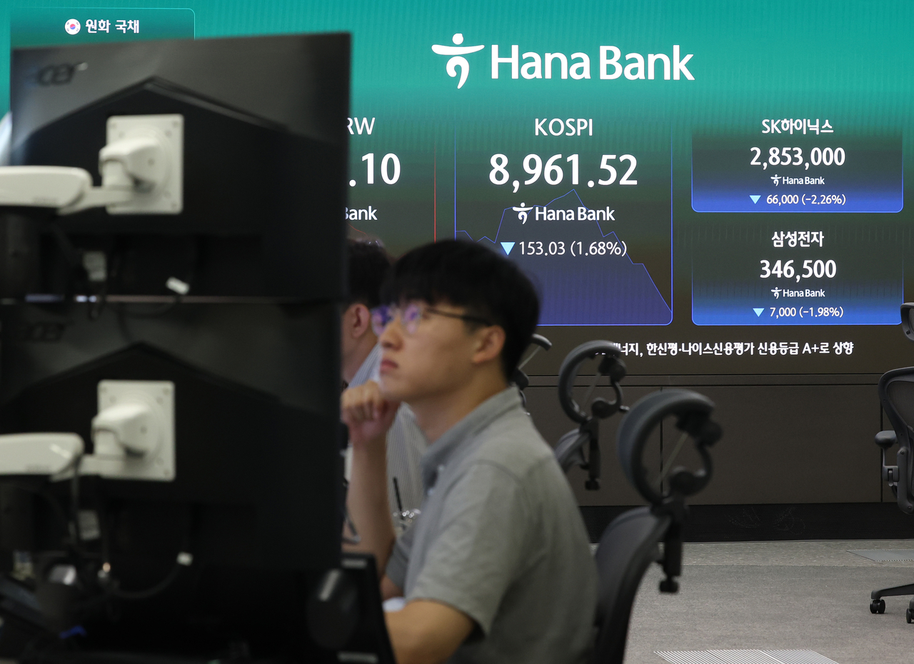 The Kospi and other market indicators are displayed on a screen at Hana Bank's dealing room in Jung-gu, Seoul, on Tuesday. The Kospi opened down 31.01 points, or 0.34 percent, at 9,083.54, while the Kosdaq opened down 9.76 points, or 1.01 percent, at 958.64. [Yonhap]