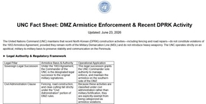 UNC reaffirms N. Korea's border-hardening measures not in violation of Armistice Agreement