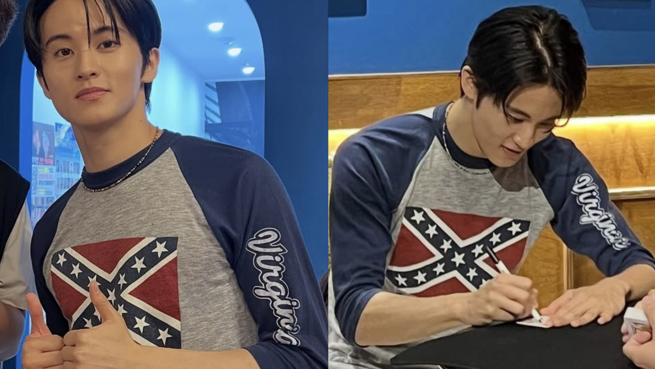 Former NCT member Mark is seen wearing a shirt featuring the Confederate flag. (Screenshotted from X)