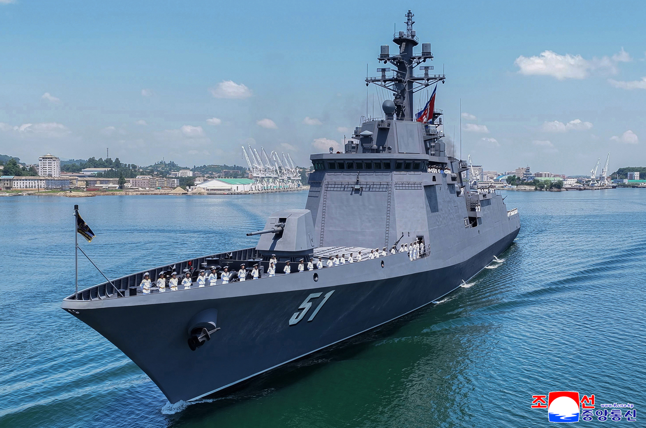 This photo released by the Korean Central News Agency on Wednesday shows North Korea’s new 5,000-ton-class destroyer, the “Choe Hyon,” during a commissioning ceremony held in the port city of Nampo on Tuesday. (KCNA via Yonhap)