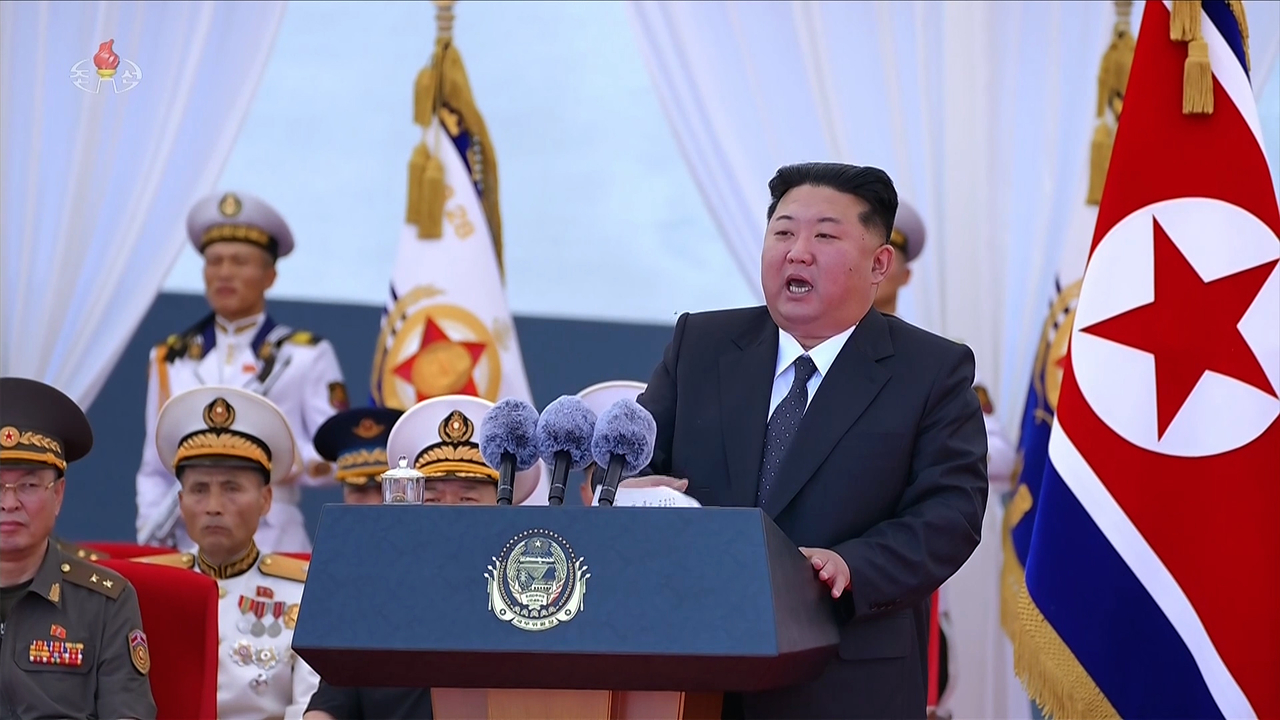 North Korean leader Kim Jong-un speaks during a commissioning ceremony for North Korea’s new multipurpose destroyer Choe Hyon at a port in Nampo, North Korea on Tuesday. (KCNA via Yonhap)