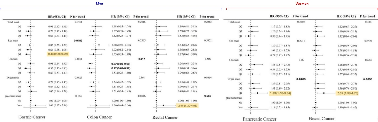 Sex-stratified forest plots of hazard ratios for cancer mortality by meat type and consumption level (SNUH)