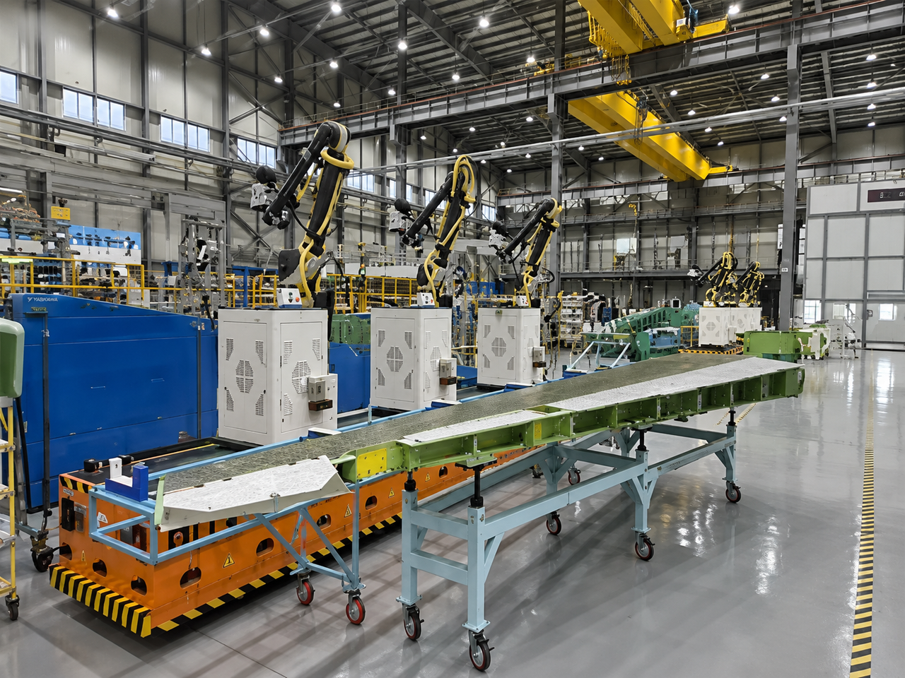 A collaborative robot drilling system operates inside Kencoa Aerospace’s commercial business plant in Sacheon, South Gyeongsang Province. (Kencoa Aerospace)