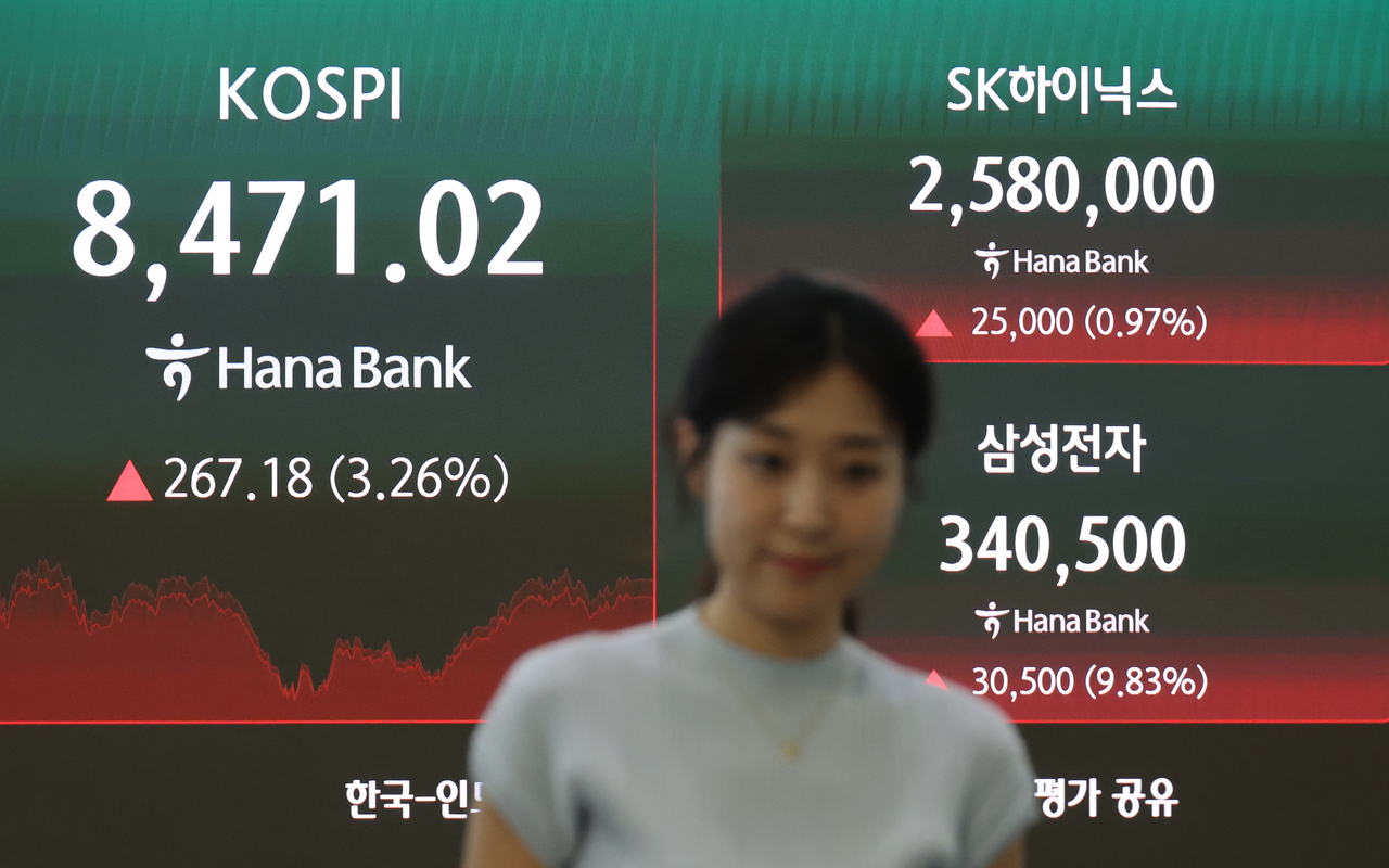 A financial data screen in the dealing room of Hana Bank in Seoul on Wednesday shows the benchmark Korea Composite Stock Price Index having increased 367.18 points, or 3.26 percent, to close at 8,471.02. South Korean stocks rebounded as investors snapped up major semiconductor shares following one of the market's steepest declines on record in the previous session. (Yonhap)