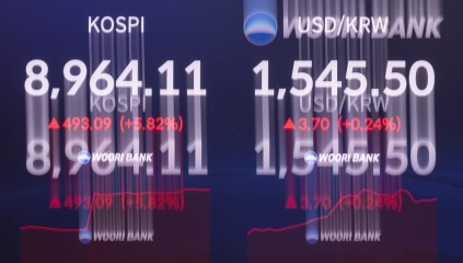 코스피가 장 초반 5% 급등세를 보여 매수 사이드카가 발동한 25일 오전 서울 중구 우리은행 딜링룸에 코스피 지수 등이 표시돼 있다. 윤창빈 기자