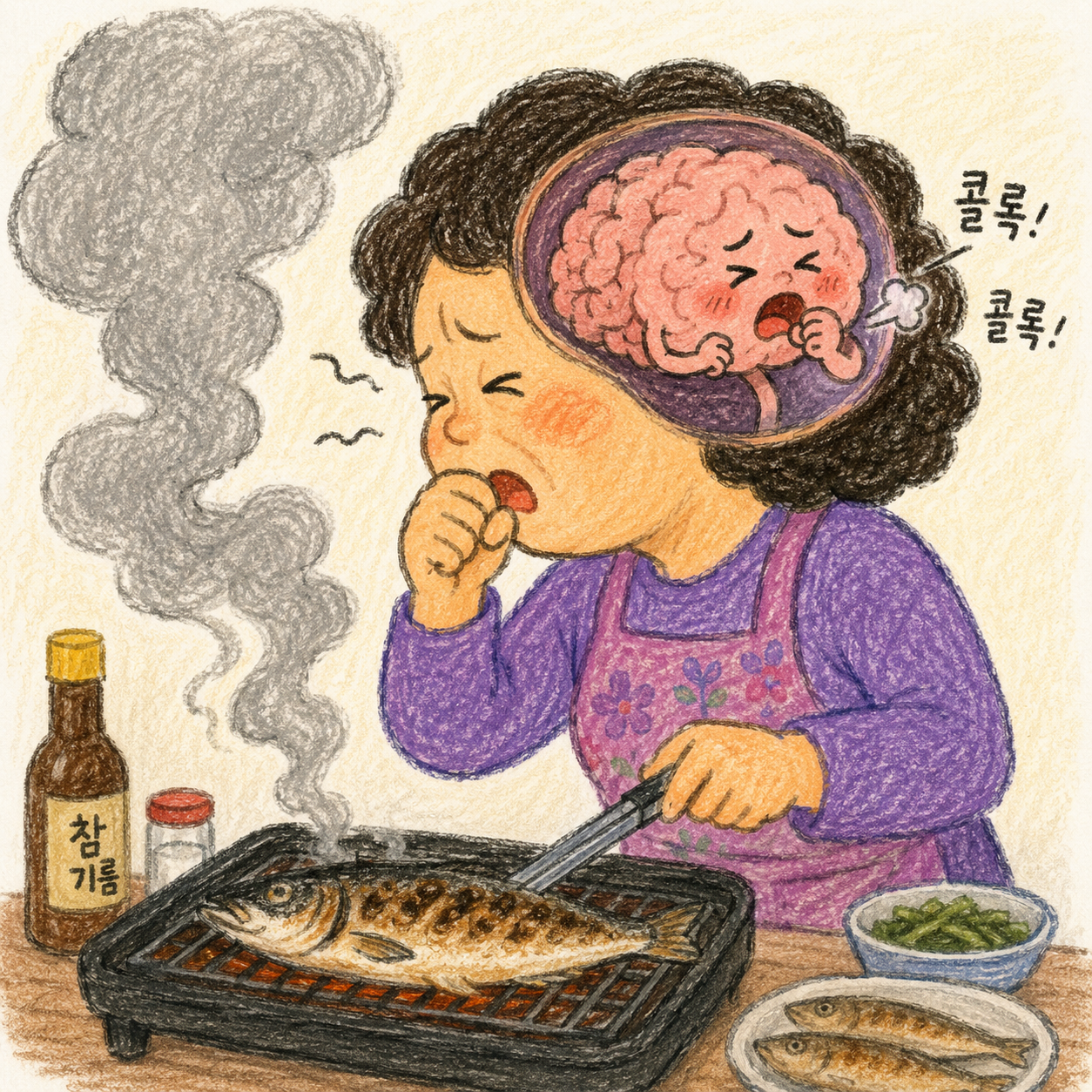 This artificial intelligence-generated image illustrates a woman grilling fish in a poorly ventilated kitchen. (ChatGPT)