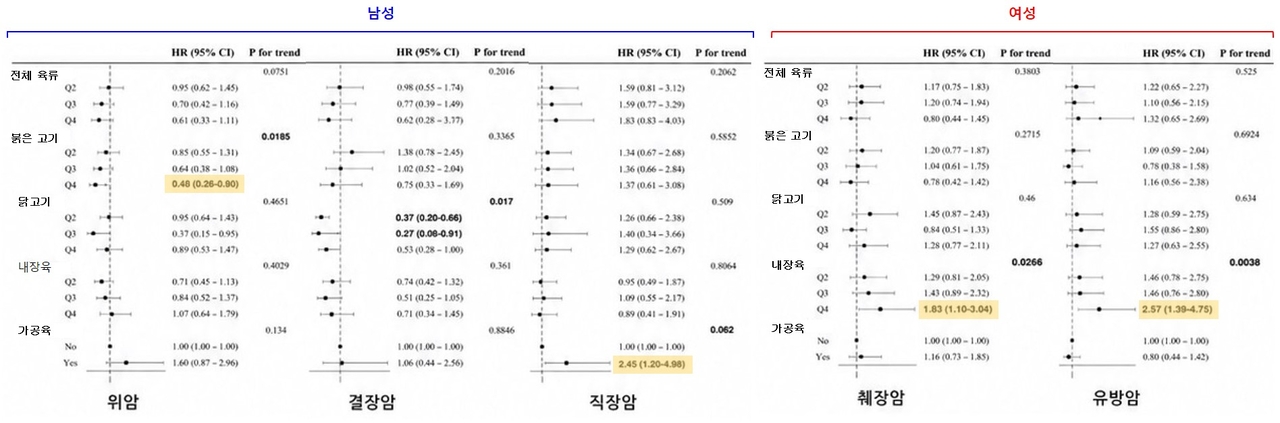 성별별 육류 섭취와 암 사망률의 주요 연관성