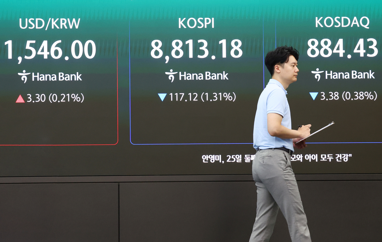 An electronic board showing the Korea Composite Stock Price Index at a dealing room of the Hana Bank headquarters in Seoul on Friday. (Yonhap)