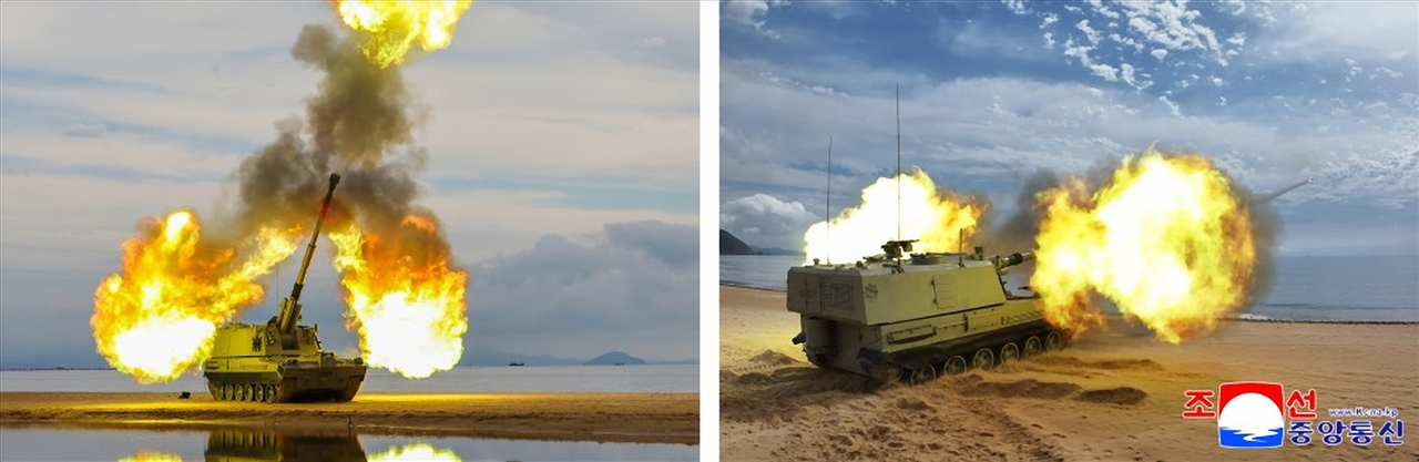 These images show the North conducting tests of a new multiple rocket launcher and other weapons on Thursday. (KCNA via Yonhap)