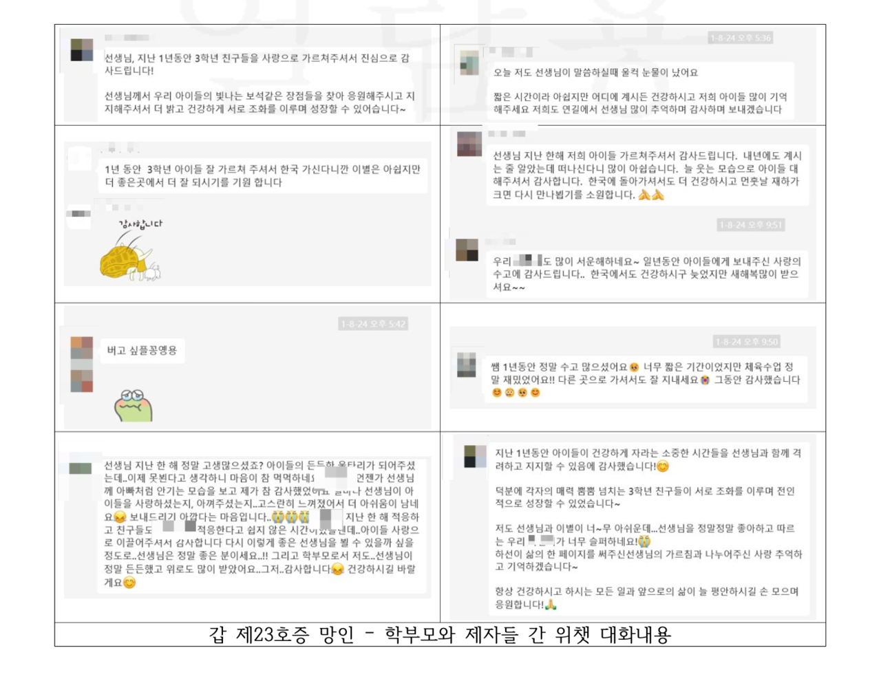 고인이 귀국하게 됐을 때 학부와 담당 학생들이 보낸 메시지 내용. [제보자 제공]