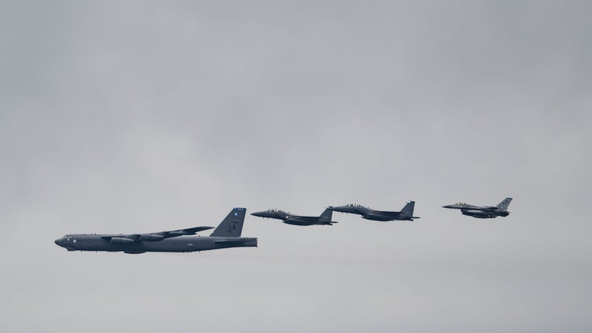 South Korean, US and Japanese fighter jets take part in a trilateral air exercise in April 2024 near overlapping air defense identification zones between South Korea and Japan off Jeju Island. (Ministry of Defense)