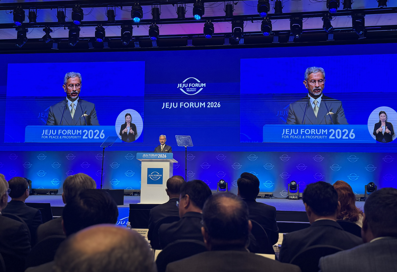 India's Foreign Minister Subrahmanyam Jaishankar speaks at the Jeju Forum for Peace and Prosperity on Jeju Island on Thursday. (Sanjay Kumar/The Korea Herald)