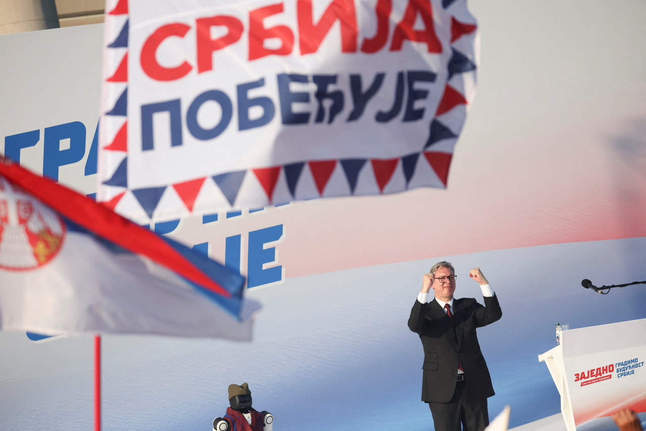 Serbian President Aleksandar Vucic attends a rally in Belgrade, Serbia, Saturday. (Reuters-Yonhap)