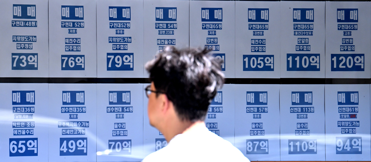 Property listings with price tags are displayed at a real estate agency in central Seoul. (Lim Se-jun)