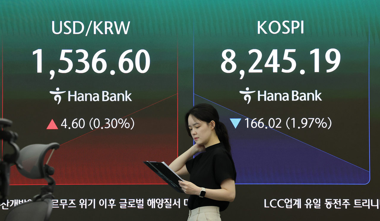 An electronic board showing the Korea Composite Stock Price Index at a dealing room of the Hana Bank headquarters in Seoul on Monday. (Yonhap)