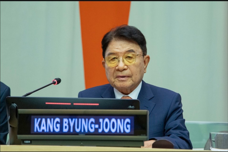 Nexen Group Chairman Kang Byung-joong delivers a keynote address at the 2026 UN International Forum on SME Day at the Economic and Social Council (ECOSOC) chamber at UN Headquarters in New York on Friday. [Nexen Tire]